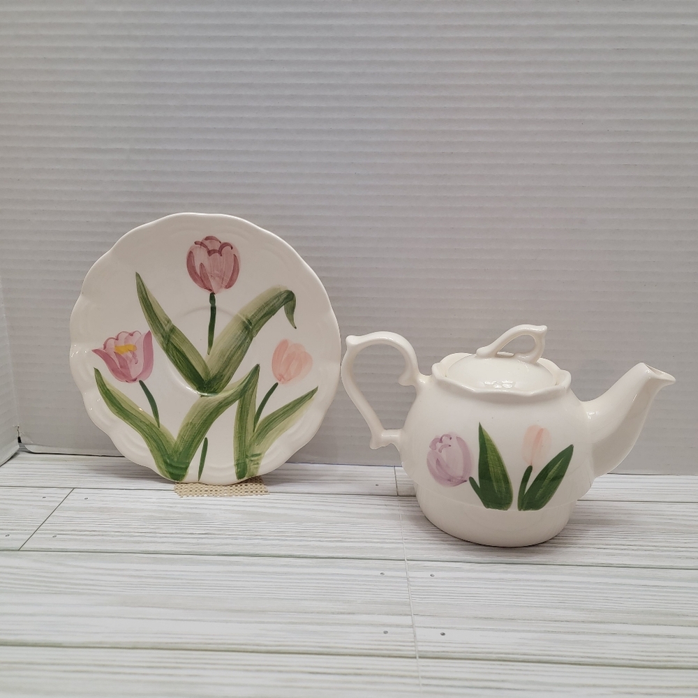 Herman Dodge Son Teapot And Saucer Pink Purple Tulips Missing Cup